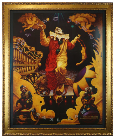 Rolling Stones Poster 1997 with Pearl Jam. Poster by Randy Chavez features a large clown advertising the Rolling Stones in Oakland Coliseum 1997