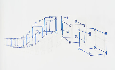 Elias Crespin, 12 cubos en l&iacute;nea bleu, 2020. Painted aluminum, nylon, motors and electronic interface, 90 1/2 x 3 15/16 in. (230 x 10 cm.)