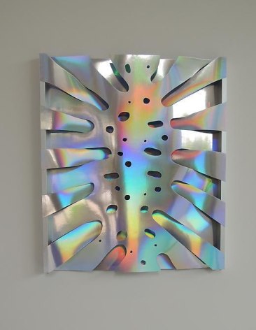 Thomas Glassford, Untitled, 2014. Holographic paper and anodized aluminum, 21 1/2 in. x 18 1/2 in. x 1 in.