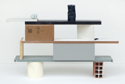 Ricardo Alcaide, Settlements no. 7, 2014. Mixed media: Acrylic on canvas, bricks, metal shelf, wood, Formica, cardboard, 65 x 95 x 19 in.