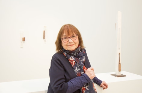 Marie Orensanz at her solo exhibition Fragmentism: Drawing on Marble, Sicardi | Ayers | Bacino, 2019. Photo courtesy Ernesto Le&oacute;n