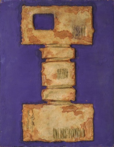 Elsa Gramcko, T&oacute;tem N&ordm; 2, 1974. Organic material, casein plaka and metal on Masonite, 18 1/16 x 14 in. (46 x 35.6 cm.)