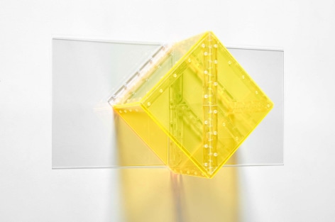 Marta Chilindron. Yellow Wall Cube, 2015, fluorescent yellow and clear acrylic and hinges, 15 x 31 x 11 in.