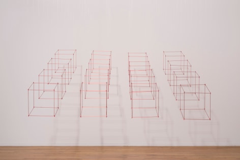 Elias Crespin, Gran 16 cubos rojos, 2020. Painted aluminum, nylon, motors and electronic interface, 71 5/8 x 71 5/8 in. (182 x 182 cm.)