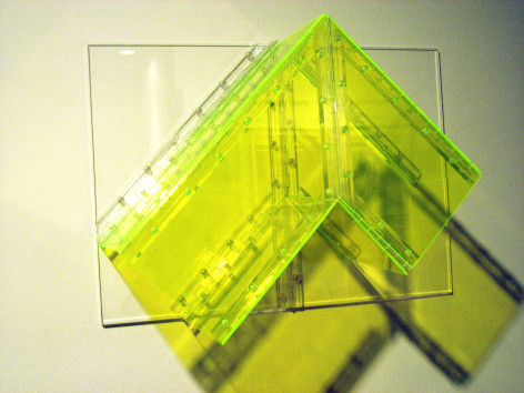 Marta Chilindron.&nbsp;Corner, 2008. Fluorescent green and clear acrylic and hinges, 17 x 24 x 9 in.