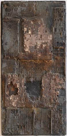 Elsa Gramcko, Sin t&iacute;tulo [Untitled], 1962. Car battery cells and mixed media on masonite, 19 11/16 x 9 7/16 x 0 3/4 in.
