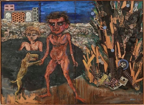 Antonio Berni, Juanito ba&ntilde;&aacute;ndose entre latas (Juanito Bathing among Tin Cans), 1963. Oil, wood, metals including containers, lids, and gears; industrial trash, plastic buttons, wheat stalks, photographic slides, nails and staples on wood, 59 13/16 in. x 82 11/16 in.