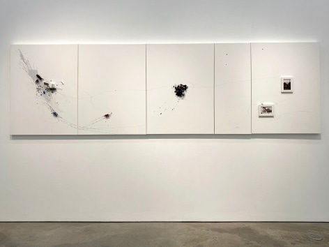 Liliana Porter, Breaking News / The Way Out, 2016. Acrylic on canvas, framed digital photos, assemblage, 40 x 136 x 5 in. (101.6 x 345.4 x 12.7 cm.) 5 panels total