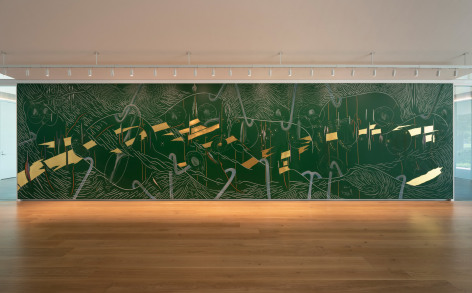 Jorinde Voigt, Vertical, 2019, chalks and gold leaf on wall paint, two part mural, 295 x 1097 cm and 295 x 549 cm. Exhibition view: Menil Drawing Institute, Houston, TX, 2019. Photo: Richard Barnes.