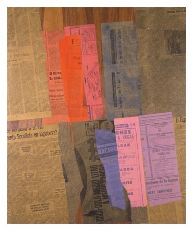 Alejandro Otero, 8 Meses en coma, from the series &quot;Papeles coloreados&quot; [Colored Papers], 1965. Collage. Dyed newspaper clips on wood, 28 15/16 x 24 in.&nbsp;