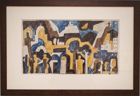 Julio Alpuy, Cityscape with figures, 1957. Ink and watercolor on paper, 14 x 24 1/2 in. / 36 x 62 cm.