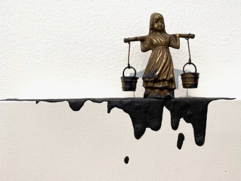 Liliana Porter, The Two Buckets, 2019. Acrylic and bronze figurine on canvas, 27 x 20 x 1 1/2 in. (68.6 x 50.8 x 3.8 cm.) detail