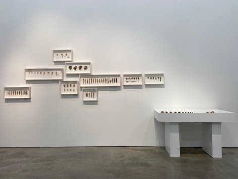 Gustavo D&iacute;az, Approximate Semantic Constellation, Diagonal Argumentation on Rough Groups, Cloud and Ant, 2019. Cut out paper, Wall installation as shown: 43 x 133 x 2 3/8 in. (109.2 x 337.8 x 6 cm.) Table dimensions: 30 1/8 x 49 9/16 x 25 5/8