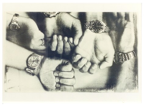 Claudia Perna,&nbsp;Fotograf&iacute;a de fotocopia manos con relojes, 1974, Polaroid,&nbsp;2 15/16 x 3 15/16 in. (7.5 x 10 cm.)