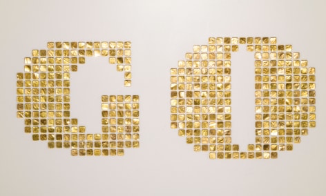 Miguel &Aacute;ngel Rojas,&nbsp;Tables of the Law series: In Gold We Trust, detail, 2018. Copper, gold plated on Corian, 11 x 80 5/16 x 1 1/16 in. (27.9 x 204 x 2.7 cm.)