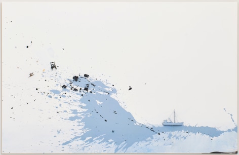 Liliana Porter, Untitled at Sea, 2021. Acrylic and assemblage on canvas, 49 x 76 x 3 &frac14; in. (124.5 x 193 x 8.3 cm.)