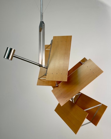 Pedro S. de Movell&aacute;n,&nbsp;BIPLANAR, 2023, Brushed aluminum, Sitka spruce, stainless steel, 48 inches (max. swing)