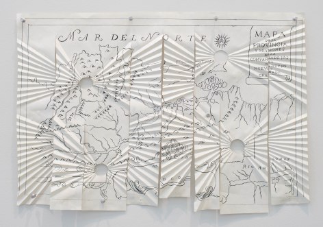 Miguel Angel R&iacute;os, Critica Post-colonial #5, 1993. Photo-print, ink on pleated paper and push pins, 16 1/2 x 24 in. (41.9 x 61 cm.)