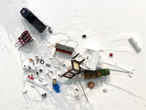 Liliana Porter, Breaking News / The Way Out, 2016. Acrylic on canvas, framed digital photos, assemblage, 40 x 136 x 5 in. (101.6 x 345.4 x 12.7 cm.) detail