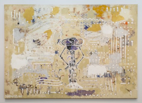 Miguel Angel R&iacute;os,&nbsp;In the middle of nowhere, 1989. Acrylic on burlap, 145 2⅓2 x 205 &frac12; inches.