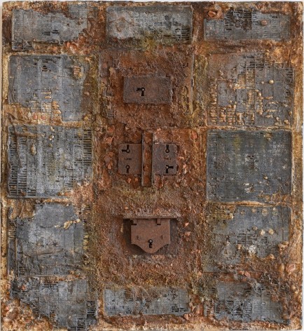 Elsa Gramcko, El castillo de los cerrojos [The Castle of Locks], 1964. Diverse materials and mixed media assemblage on wood, 21 5/8 x 19 11/16 in.