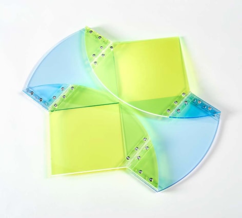 Marta Chilindron. Convertible Circle, 2014, fluorescent green and blue acrylic and hinges, 30 in. diameter.