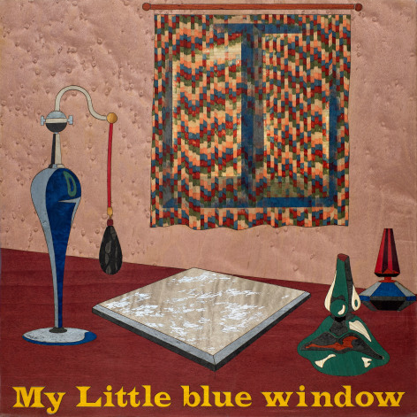 Sebasti&aacute;n Gord&iacute;n, My little blue window, Edition 2/2, 2024. Natural and dyed wood veneer on panel 13 x 13 in. (33 x 33 cm.)