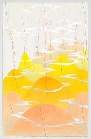 Jorinde Voigt,&nbsp;Yellow Hills V, 2017. Signed,&nbsp;Ink, aluminium leaf, pastel, oil chalks and graphite on paper,&nbsp;58 ⅞ x 39 x 3 &frac12; in. (149.5 x 99 x 9 cm.)