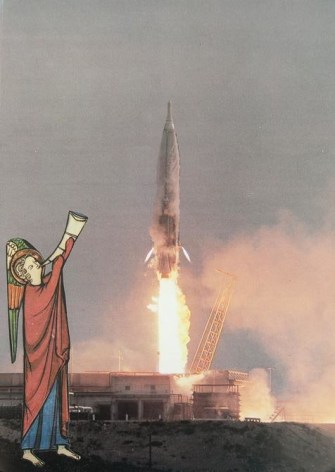 Le&oacute;n Ferrari, Lanzamiento, 1986. Collage, 11 15/16 x 8 3/4 in. / 30.3 x 22.3 cm.