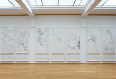 Jorinde Voigt, STAAT (III - IX), 2008, graphite and ink on paper, each: 230 cm x 115 cm. Exhibition view: Gemeentemuseum, Den Haag, The Netherlands, 2010. Photo: Zaaloverzicht.