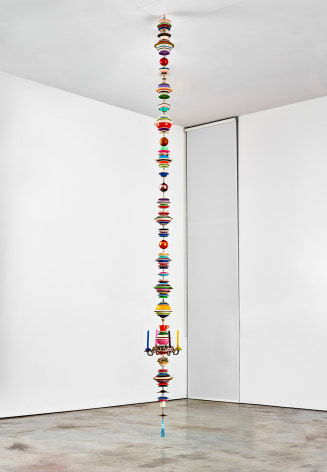 Thomas Glassford, Untitled, 2008. Melamine cafeteria ware, chandelier, glass spheres, 203 x 17 x 17 in. (515.6 x 43.2 x 43.2 cm.)