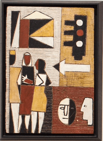Julio Alpuy, Composicion con 3 figuras y semaforo, 1962. Painted and incised wood, 17 3/4 x 12 1/2 in. / 45 x 31.6 cm.