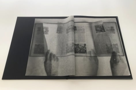 Oscar Mu&ntilde;oz, Libro Abierto, 2019. Three prints on polymer plate stamped on both sides of Arte Bambu &amp;amp; Zonzo 25 gr. paper, 16 3/8 x 13 3/4 in. [closed], 16 3/8 x 27 1/8 in. [opened].&nbsp;