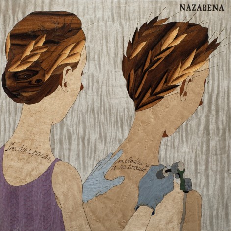 Sebasti&aacute;n Gord&iacute;n, Nazarena, Edition 2/2, 2024. Natural and dyed wood veneer on panel, 13 x 13 in. (33 x 33 cm.)