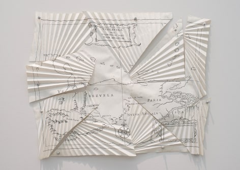 Miguel Angel R&iacute;os, Critica Post-colonial #6, 1992. Photo-print, ink on pleated paper and push pins, 19 1/4 x 24 3/8 in. (49 x 62 cm.)