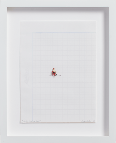 Liliana Porter, Woman Reading Proust, 2023. Ink and figurine on notebook paper, 8 &frac14; x 6 ⅛ in. (21 x 15.6 cm.)