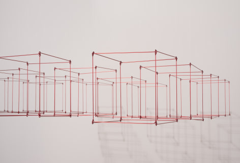 Elias Crespin, Gran 16 cubos rojos, 2020. Painted aluminum, nylon, motors and electronic interface, 71 5/8 x 71 5/8 in. (182 x 182 cm.)