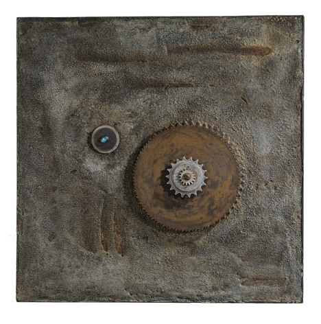 Elsa Gramcko, Mundo que no ha nacido [World not yet born], 1966. Gear, machinery parts and mixed media on wood, 21 5/8 x 21 5/8 in.&nbsp;(55 x 55 cm.)