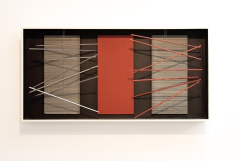 Jes&uacute;s Rafael Soto, Vibraci&oacute;n, Bastones con Rojo, 1964. Mixed media, polychromed wood and metal, 20 1/16 x 40 5/32 x 5 3/32 in. (51 x 102 x 13 cm.)