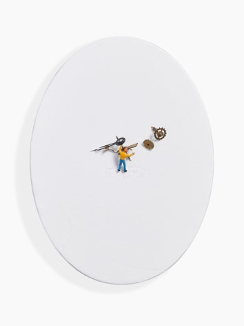 Liliana Porter, El Relojero III, Watch Man, 2020. Acrylic and assemblage on oval canvas, 8 x 6 in. (20.3 x 15.2 cm.)