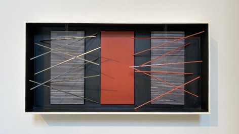 Jes&uacute;s Rafael Soto, Vibraci&oacute;n, Bastones con Rojo, 1964. Mixed media, polychromed wood and metal, 20 1/16 x 40 5/32 x 5 3/32 in. (51 x 102 x 13 cm.)