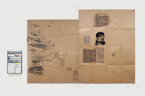 Eugenio Dittborn,&nbsp;Viajar, sin Embargo/ Airmail Painting No. 178, 1986-2007,&nbsp;Tincture, buttons, ink and photosilkscreen on 2 sections of kraft paper,&nbsp;80 x 115 1/2 in. (203.2 x 293.4 cm.)