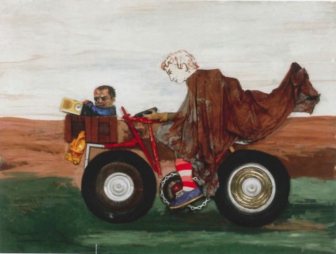 Antonio Berni, Juanito con la moto, c. 1972. oil, wood, fabric, shoe, junk, plastic containers, metal, 7 1/8 x 8 1/4 in. (18.1 x 21 cm.)