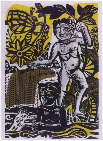 Antonio Berni, Juanito Bathing (Juanito ba&ntilde;&aacute;ndose), 1961. Xilo-collage and stenciled colors, 6 3/8 x 4 5/8 in. (16.2 x 11.7 cm.)