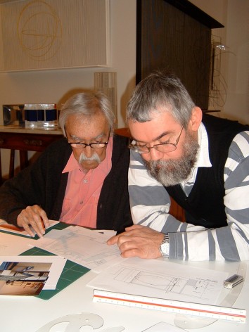Jesus Rafael Soto and Crist&oacute;bal Soto in-studio designing MFAH Houston Penetrable, 2004.