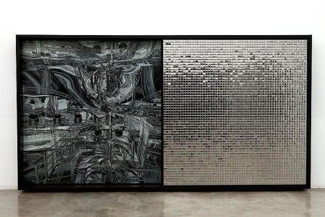 Ana Maria Tavares, Desviante Double, Dia L, 2011. From the series Hier&oacute;glifos Sociais. Aluminum, compound aluminum, colored and silver stainless steel, digital printing, and electrostatic painting. 152 cm x 283 cm x 18 cm.