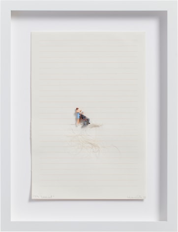 Liliana Porter, The Hair Cut, 2023. Assemblage, graphite, artist&rsquo;s hair, and figurine on notebook paper, 8 &frac14; x 5 ⅝ in. (21 x 14.3 cm.)
