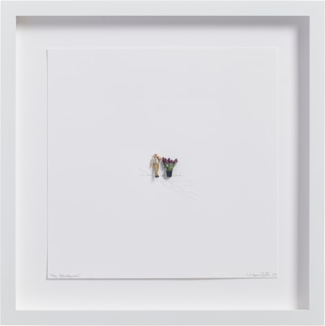 Liliana Porter, The Gardener, 2022. Assemblage and graphite drawing on paper, 8 x 8 in. (20.3 x 20.3 cm.)