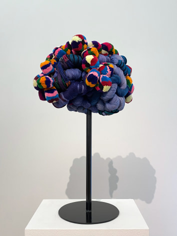 Sandra Monterroso, Vida azul. From the series &quot; Wounds can also be dyed blue.&quot;, 2019. Sculpture, yarn dyed with indigo, and Tocoyales [headdresses made of textiles, part of Mayan clothing in western Guatemala]. Assembled in steel., 23 9/16 x 23 9/16 x 15 3/4 in.