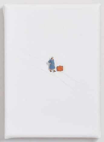 Liliana Porter, To Go Away III, 2020. Acrylic, graphite, and assemblage on canvas, 7 x 5 x 1 &frac14; in. (17.8 x 12.7 x 3.2 cm.)